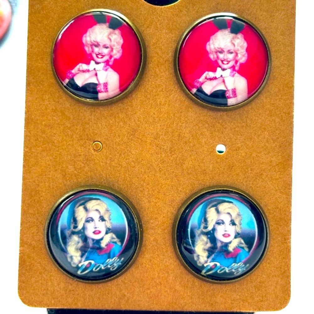 2 Pairs Dolly Parton 16mm Stud Earrings, NWT, Handmade, Unworn